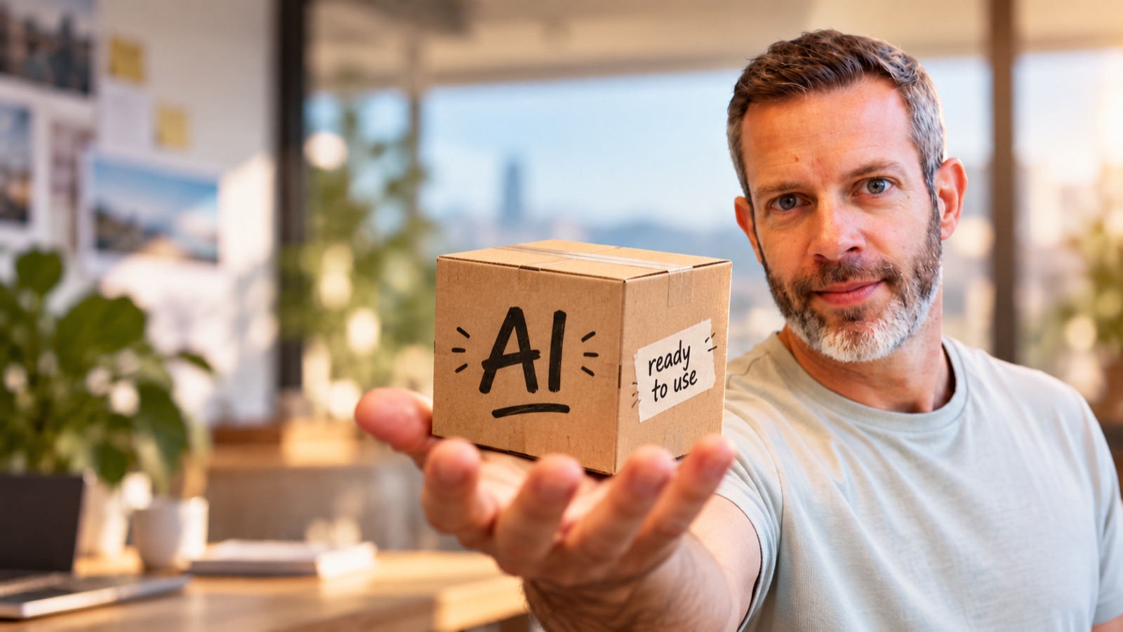 Erik Woning holding out a small box labelled AI, ready to use, on his open hand.